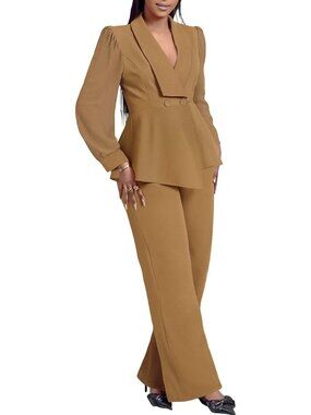 Chic Women's Pant Suit Set - Dressy Ruffle Blazer & Wide Leg Pants for Work